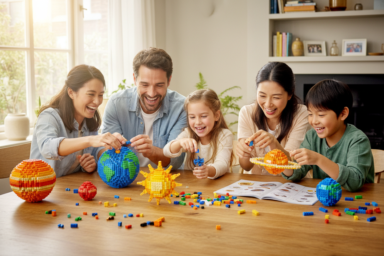 famille qui joue au petite brique en construisant un systeme solaire